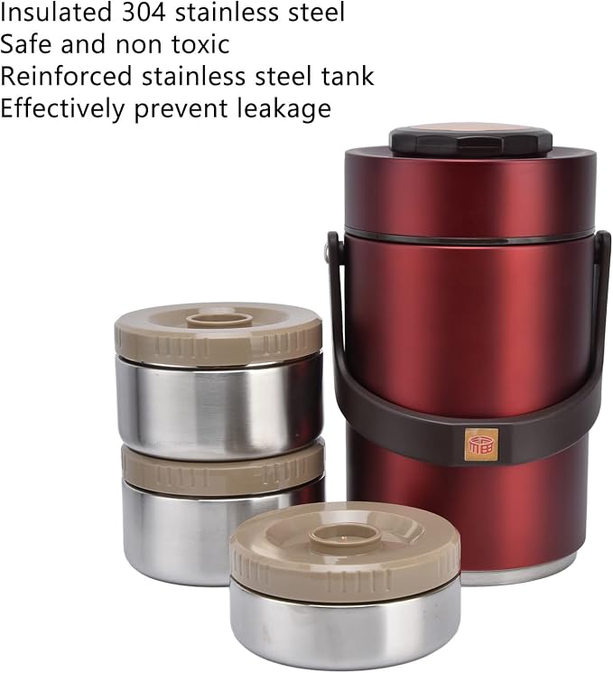 Qiilu Food Flask 2L Termos Para Comida Caliente 24 Horas 304 Stainless Steel 2.3L Vacuum Lunch Box 3 Layers Prevent Leakage Insulated Container For Work Travel (Red)
