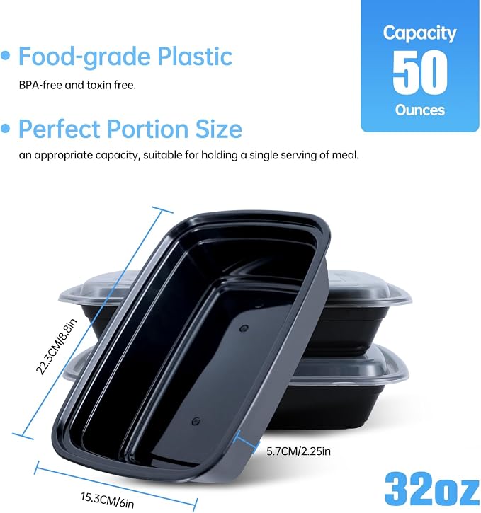 32oz Rectangle Meal Prep Containers with Lids, 50 Pack | BPA-Free Leakproof Plastic Food Storage & Take Out Boxes, Microwave, Dishwasher, Freezer Safe for Lunch
