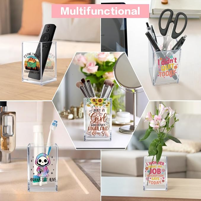 Just A Girl Who Loves Highland Cows Acrylic Cosmetic Pen Holder Cup Set 2, Cute Animal Pencil Holder Desk Organizer, Funny Desk Accessories, Highland Cow Lover Gifts for Women Coworkers Besties