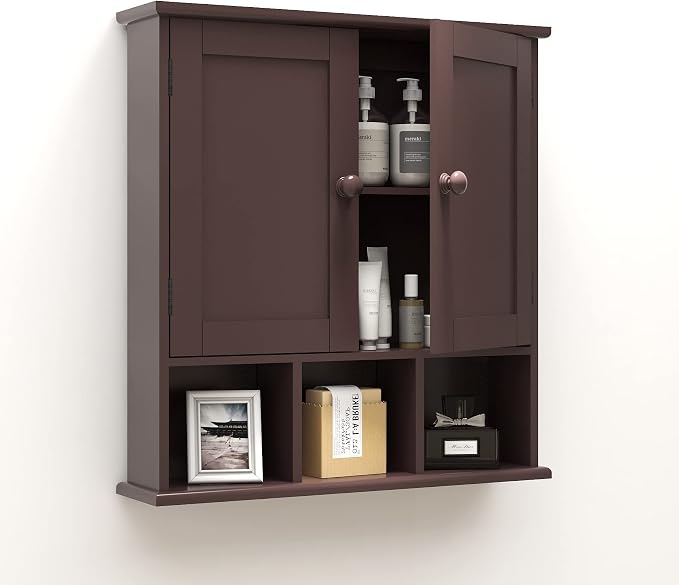 TaoHFE Brown Medicine Cabinets,Bathroom Wall Cabinet with 2 Door Adjustable Shelves,Over The Toilet Storage Cabinet,Espresso Bathroom Cabinet Wall Mounted for Laundry Room Kitchen