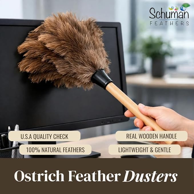 Feather Duster with Ostrich Feathers Wooden Handle 14" – Natural Reusable Duster for Cleaning, Furniture & Shelves, Blinds, Ceiling Fan, Dusting Tool for Home, Office, Delicate Surfaces - 1 Pack