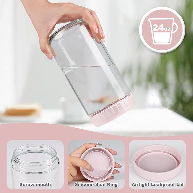 SHOWIN Overnight Oats Containers with Lids, 24oz Glass Jars with Lids 4 pcs, Pink, Wide Mouth Mason jars for Salad, Yogurt, Snacks, Meal Prep