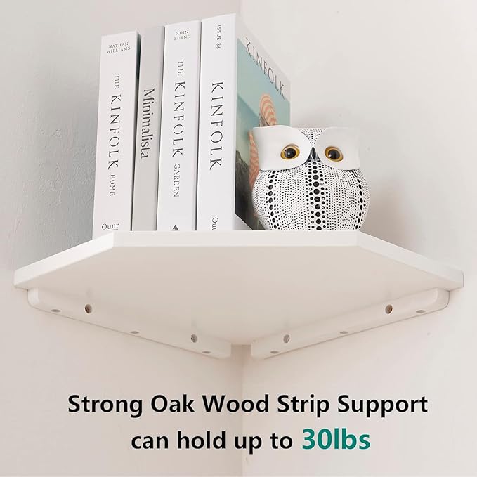 Corner Floating Shelves, White Corner Wall Shelf Set of 2, Solid Oak Wood Corner Shelves Wall Mount Shelf with Wire Hole Small Plant Display for Kitchen Living Room Bedroom