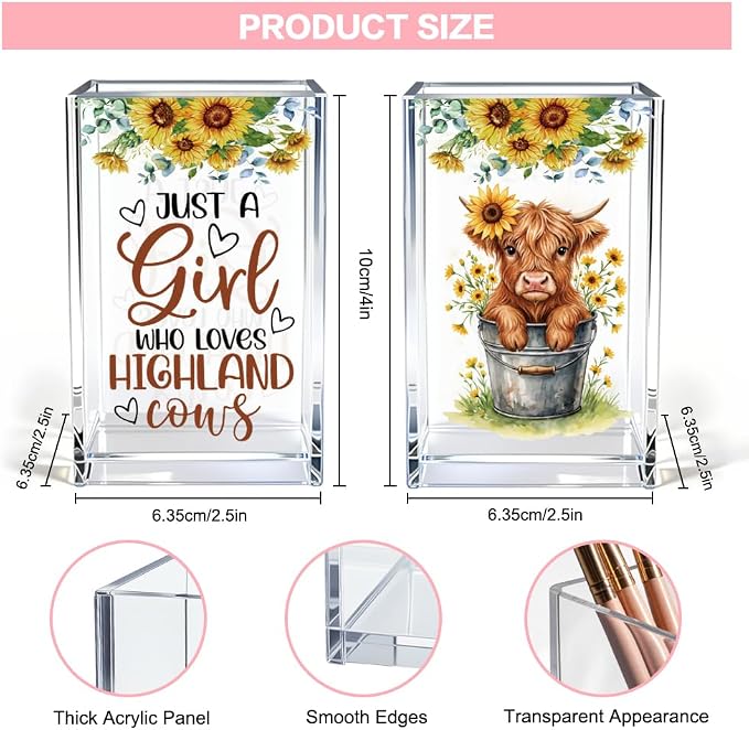Just A Girl Who Loves Highland Cows Acrylic Cosmetic Pen Holder Cup Set 2, Cute Animal Pencil Holder Desk Organizer, Funny Desk Accessories, Highland Cow Lover Gifts for Women Coworkers Besties