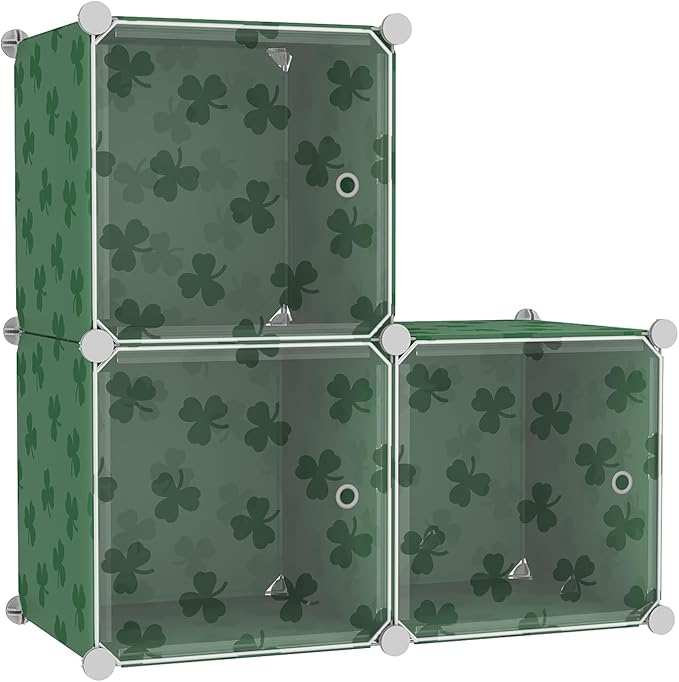 C&AHOME Cube Storage Organizer with Doors, 3-Cube Shelves, DIY Plastic Modular Bookshelf, Closet Clothes Storage Shelving Ideal for Bedroom, Living Room, Clover Embossed, Green