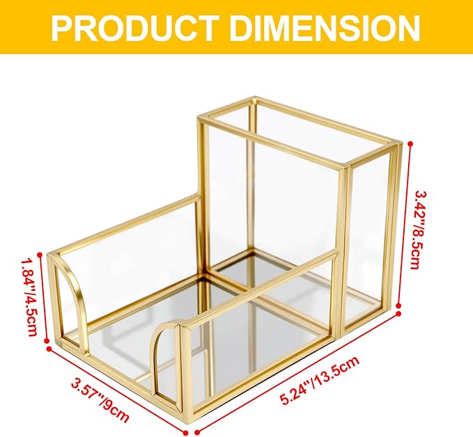Sticky Note Holder,Glass Post It Note Dispenser with Pen Slot,Gold 3 x 3 Inch Post It Note Holder for Desk,Stylish Sticky Note Dispenser for Home Office Desk