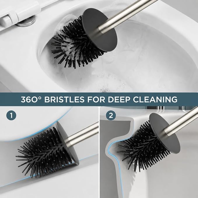 FORIOUS Toilet Brush, 2 Toilet Bowl Brush Head Square Short Brushed Nickel | Heavy Duty 304 Stainless Steel Base, Silicone and Plastic Brush Heads, 360° Deep Cleaning, Drip-Proof, Splash-Proof Design