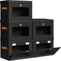 DIMJ Storage Bins with Lids - 5 Pack Front Opening Stackable Fabric Storage Boxes with Clear Window & Handles, Collapsible Closet Organizers for Clothes, Sweaters, Shelf Storage, Bedroom, Black