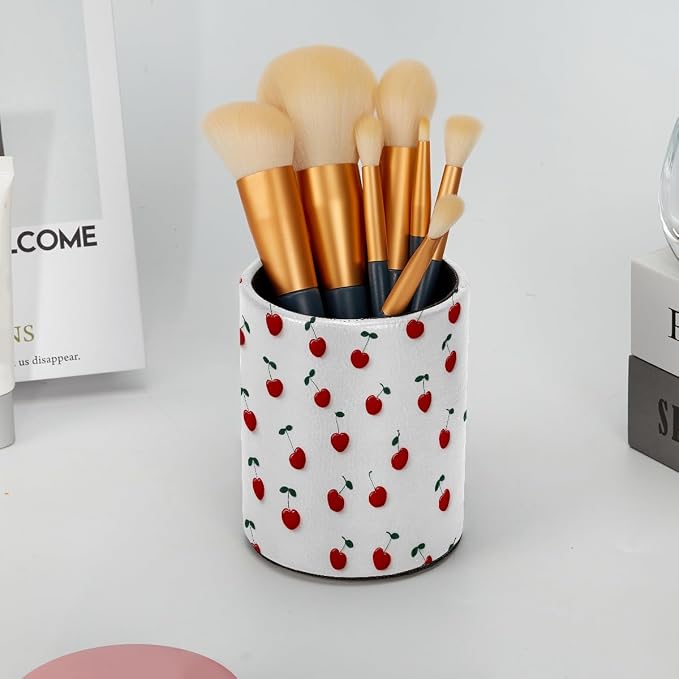 Faux Leather Pen Holder for Desk, Pencil Organizer Love Cherry Pen Cup Desk Decor Makeup Brush Holder Storage for Office Home
