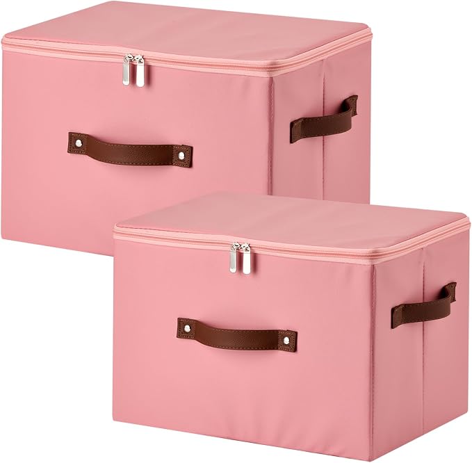 2PCS Storage Bins with Zipper Lid PU leather Storage Boxes Leather Fabric Collapsible Lidded Baskets Cube with Handle Decorative Shelves Closet Office Organizer Container(Pink, Large Size)