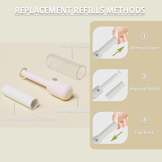 Compact Lint Remover with 150 Sheets, 1 Roller + 4 Refills, Pink | Mini Size & Easy Carry, Protective Cover, Multi-Surface Pet Hair Removal for Clothes, Home & Travel Ready