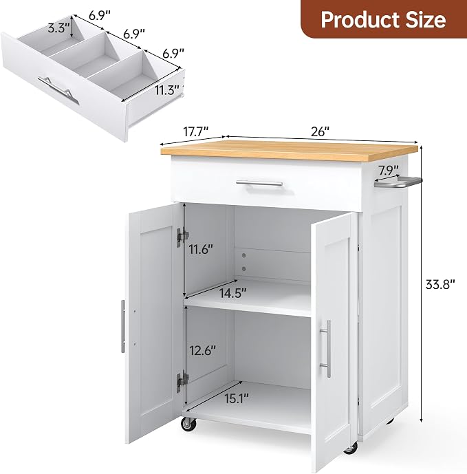 OtterOasis Kitchen Island Cart with Storage, Small Kitchen Island on Wheels with Large Drawer, Adjustable Shelf & Towel Rack, Rolling Island Table for Kitchen & Dining Room, White
