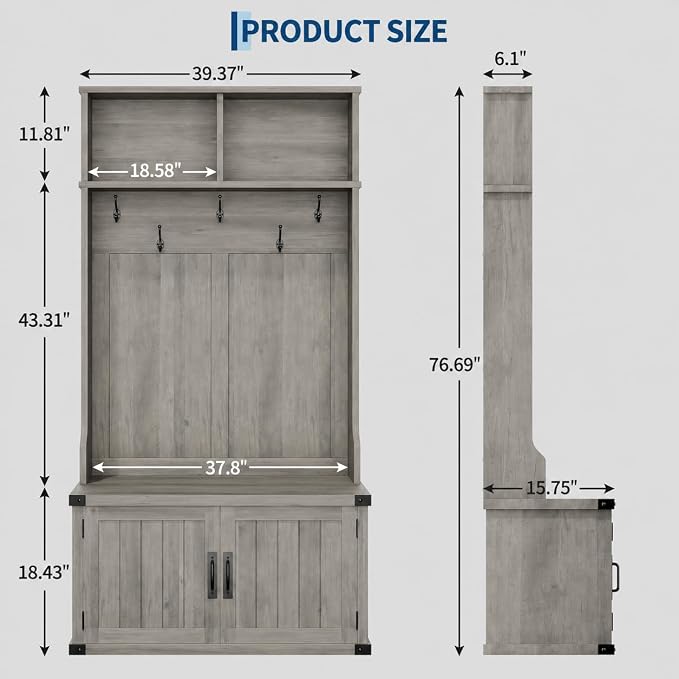 Garvee 77" H Farmhouse Hall Tree with Bench & Shoe Storage, Coat Rack | Mudroom Storage with 5 Tri-Hooks, Enclosed Cabinet, Adjustable Shelf, 2 Top Cubbies, for Entryway, Space Saving, Rustic Gray