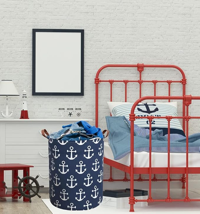 Kids Hamper,Collapsible Laundry Baskets,Waterproof Storage Baskets with Leather Handle,Nautical Decor,Toy Organizer (Navy Blue Anchor)