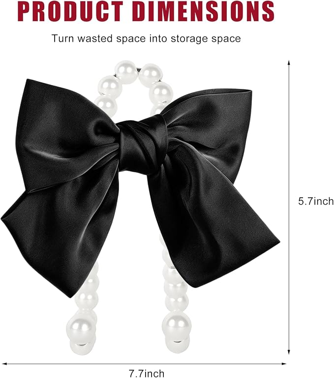 2 PCS Bow Pearl Car Seat Headrest Hook, Car Seatback Hanging Organizer Elegant Pearl Purse Hanger, Cute Bow Vehicle Interior Headrest Storage Hook for Handbag Purse Coat (Black)