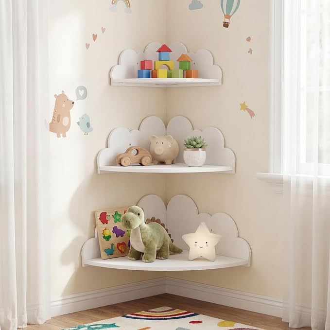 Novabright 3 Pack Cloud Floating Corner Shelves, 9/10/12 Inch Wall Mounted Corner Shelves for Room & Nursery Decor, Cute Cloud Display Shelf for Storage, Plants, Books & Small Decor
