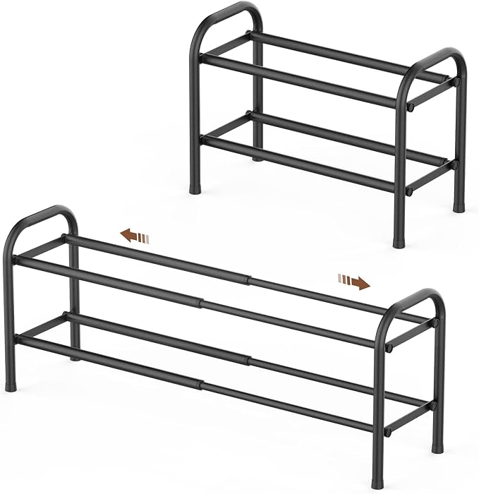 Gonfoam Expandable 2-Tier Shoe Rack for Closet and Entryway, Black | Tool-Free Assembly, Metal Material, Adjustable Shoe Organizer, Sturdy, Small Space Solution, Dorms, Garages, Apartments.