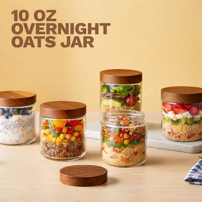 Bumobum 10 oz Glass Mason Jars with Lids, Glass Container with Acacia Wood Airtight Lid, Wide Mouth Canisters for Chia Pudding Loose Tea Coffee Meal Prep Parfait Salad Snacks Yogurt Spice, 6-Pack