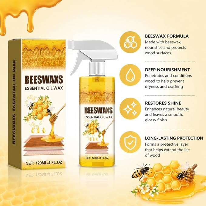 Beeswax Wood Polish Spray, Natural Furniture Cleaner & Restorer, Removes Scratches, Conditions & Protects Cabinets, Floors, Tables, Multi-Surface Wood Care (4oz)