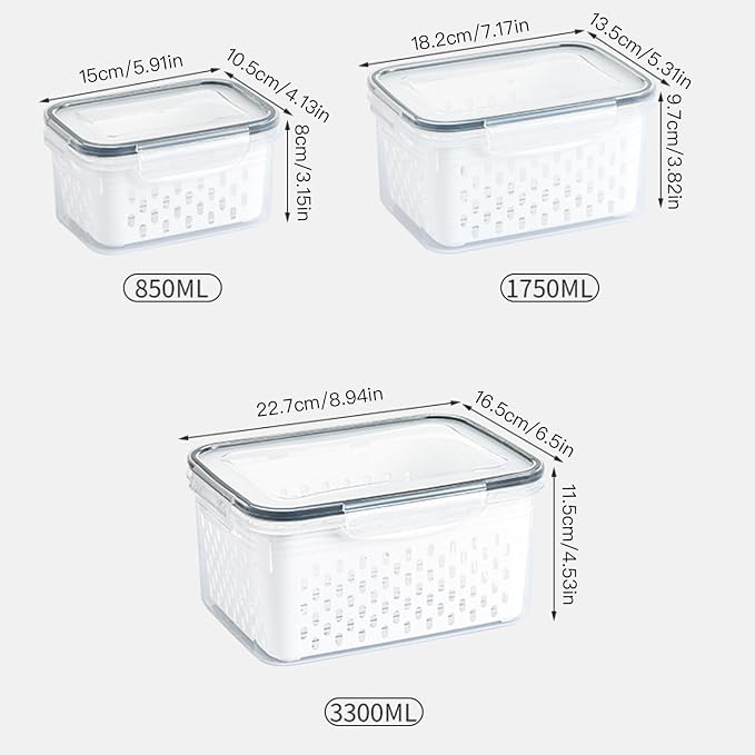 3PCS Fruit Storage Containers for Fridge – Airtight Produce Saver with Removable Drain Basket, BPA-Free Berry Keeper, Stackable Food Storage Containers for Vegetables, Lettuce & Meal Prep (Blue)