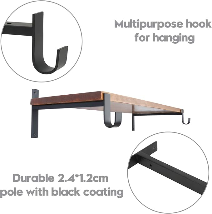 AddGrace Closet Rod Bracket Heavy Duty Shelf Brackets Black 10 Inch 2 Pack | Fit for Closet Wardrobe Laundry Room and Kitchen, with Hook, Store Above and Hang Below, Supports 66 lbs, Easy to Install