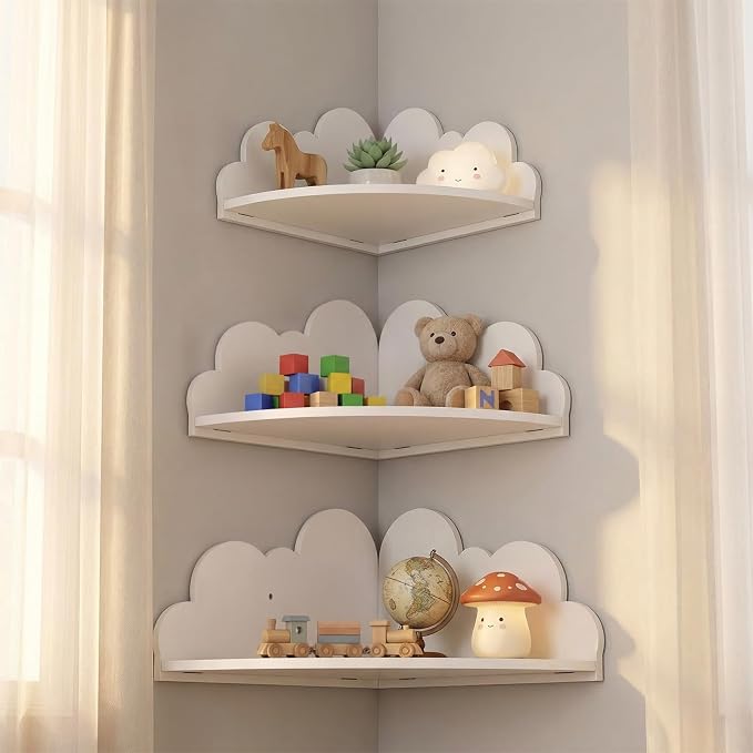 Novabright 3 Pack Cloud Floating Corner Shelves, 9/10/12 Inch Wall Mounted Corner Shelves for Room & Nursery Decor, Cute Cloud Display Shelf for Storage, Plants, Books & Small Decor