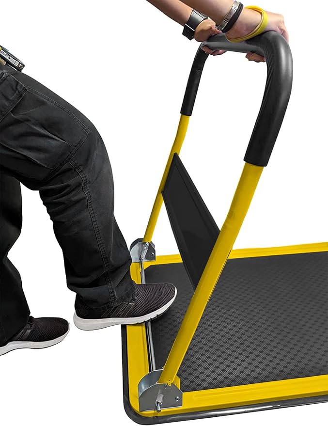 Heavy Duty Foldable Push Cart Dolly | 330 lbs. Capacity | Upgraded Collapsible Hand Truck Folding Platform with Swivel Wheels | Flat Bed Moving Wagon | Space Saving Push Handle (Yellow)