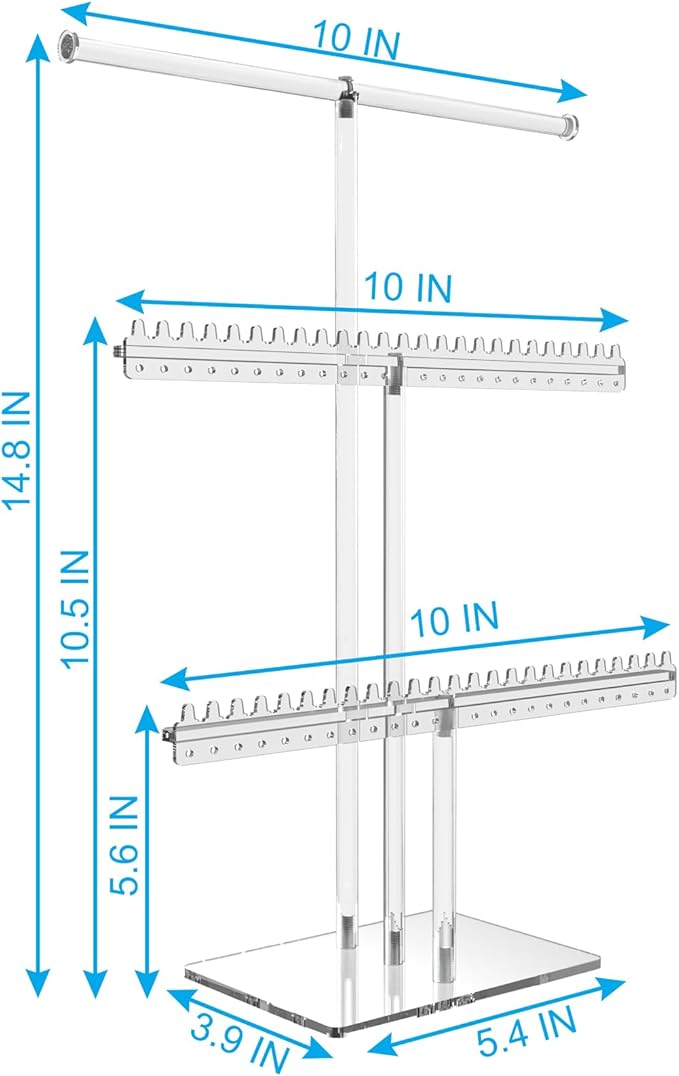 lengnoyp Premium Jewelry Stand, Earring Holder, Necklace Holder Stand, Clear 3-Tier Acrylic Large Storage Jewelry Organizer Stand & Bracelet/Bangles Stand, 48 Earring Holes Display Stands