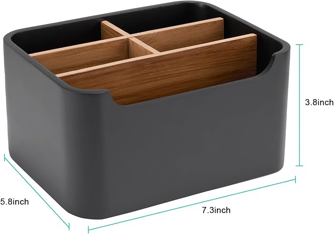 2 Pack Remote Control Holders, Desk Organizers with Dividers,Black | Set of 2 resin and wood organizers with dividers for remotes, pens, glasses, and media devices on desk, table, or nightstand