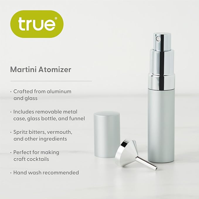 True Martini Atomizer Bar Mister – Spray Bottle for Gin & Vodka Martinis, Refillable Vermouth Spritzer for Bitters and Absinthe, Travel Perfume & Essential Oils Sprayer, Glass Canister with Funnel