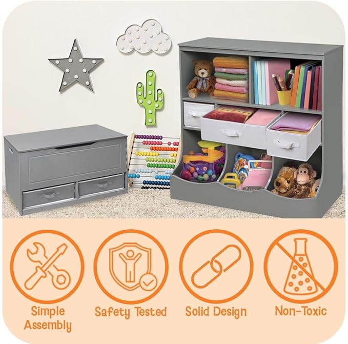 Badger Basket Combo Bin Toy Storage Unit and Book Shelf for Kids with 3 Baskets - Dark Gray