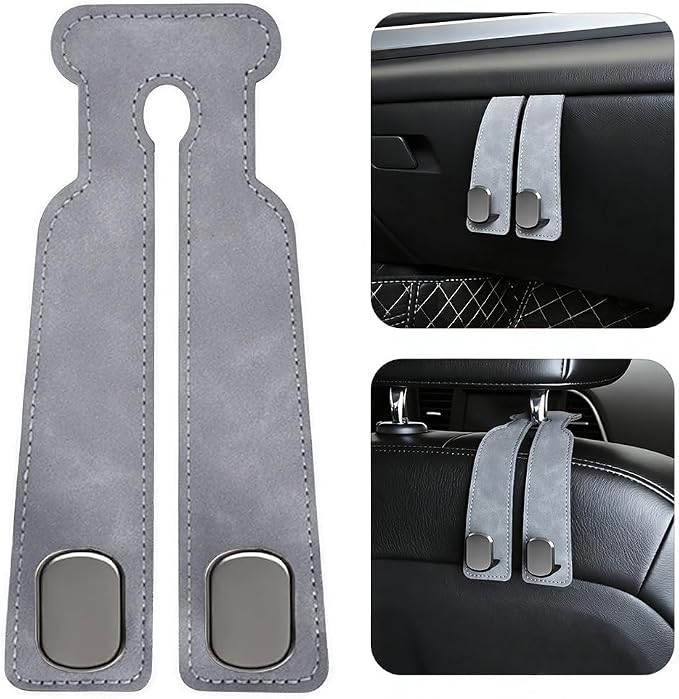 2-Pack Car Hanging Hooks for Car Seat Back & Glove Box, Grey | Dual-Use Purses & Bags Hanger for Car With Metal Hooks - Keep Floor & Seats Clutter-Free, Car Interior Organizer Accessories