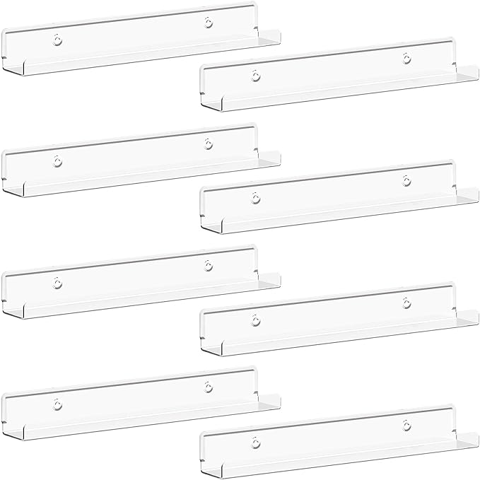 Lifewit Narrow Floating Shelves for Vinyl Record 8 Pack, 12" Clear Wall Shelves for Nail Polish/Book/Picture/Makeup, Acrylic Wall Display Shelf Organizer for Bedroom, Living Room, Bathroom Decor