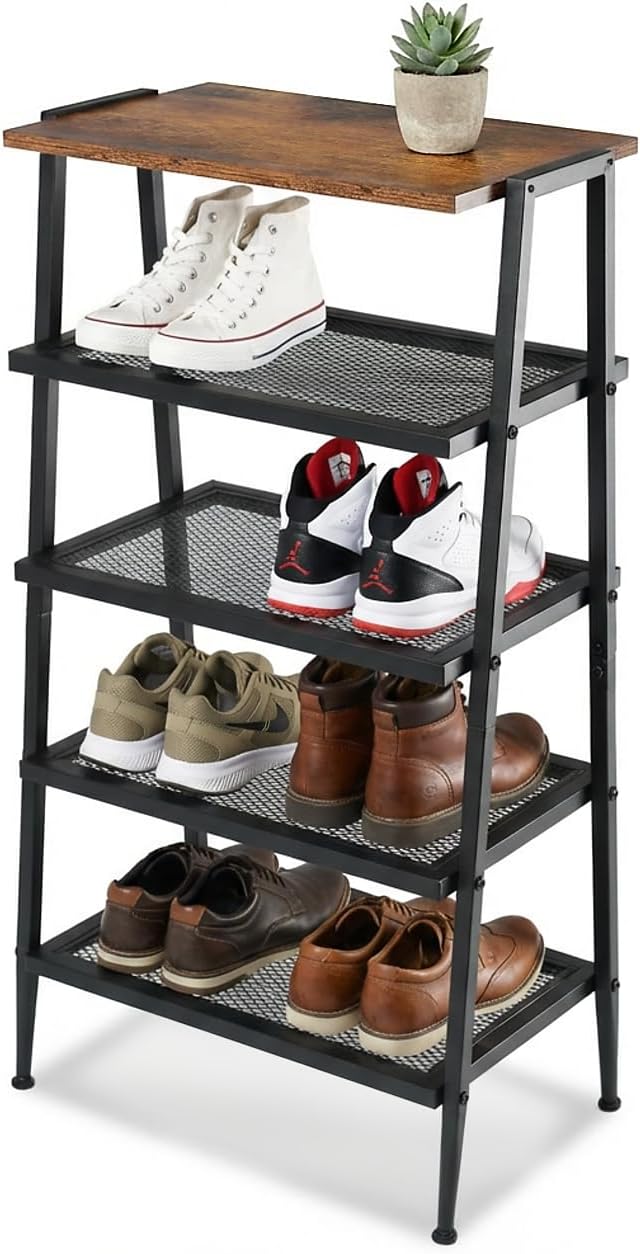 A-Shaped Shoe Rack for Entryway, 5-Tier Shoe Storage Organizer | Wooden Top, Mesh Shelves, Space-Saving Shoe Shelf, Free Standing, 31.97"H, Holds 10 Pairs, for Bedroom, Closet, Rustic Brown