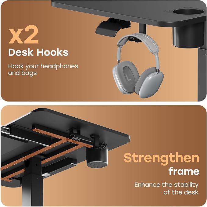 32" Mobile Desk with Drawer, Rolling Standing Desk on Wheels | Height Adjustable Desk with Cup Holder and Hooks, Portable Laptop Cart with Storage for Home Office, Black