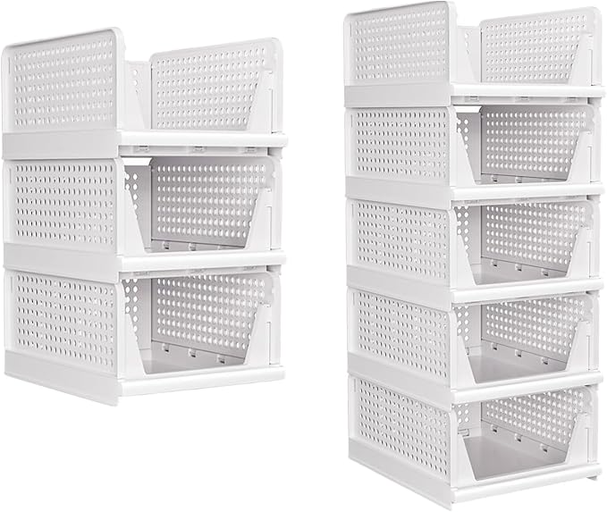 5 Pack Stackable Closet Organizer, Folding Closet Container, Plastic Storage Basket White Pull Out Shelves