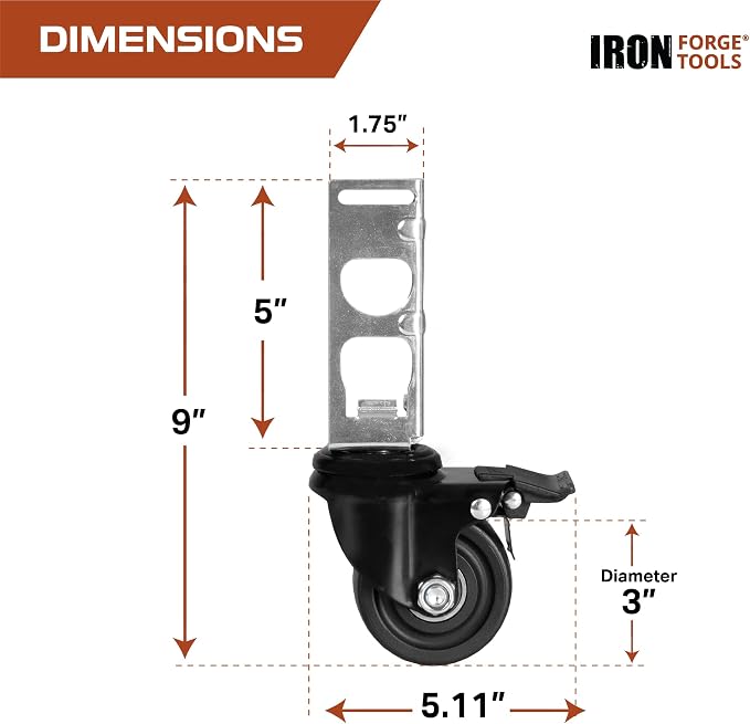 Iron Forge Tools Rolling Storage Rack Caster Wheels, Set of 4-3 Inch | Heavy Duty Locking Castors, For Garage Shelving, Pallet Shelf & Tool Shelves