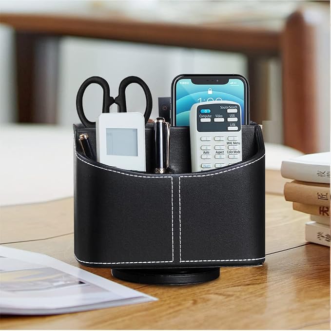 Leather 360° Spinning Remote Control Holder, Pencil Pen Holder for Desk Table Nightstand, TV Remote Caddy Organizer, Black Office Decor and Accessories, Storage Box for Phone,Media Player Controllers | Nightstand Organizer Storage Box with 5 Compartmen...