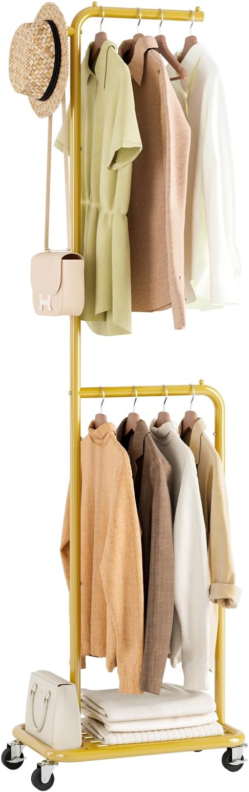 Small Rolling Clothing Rack with Shelf,Narrow Gold Clothes Rack with Wheels | Gasvadivum 71" Tall Sturdy Metal Garment Rack with Hanging Rod, Freestanding Portable Coat Rack for Bedroom, Entryway