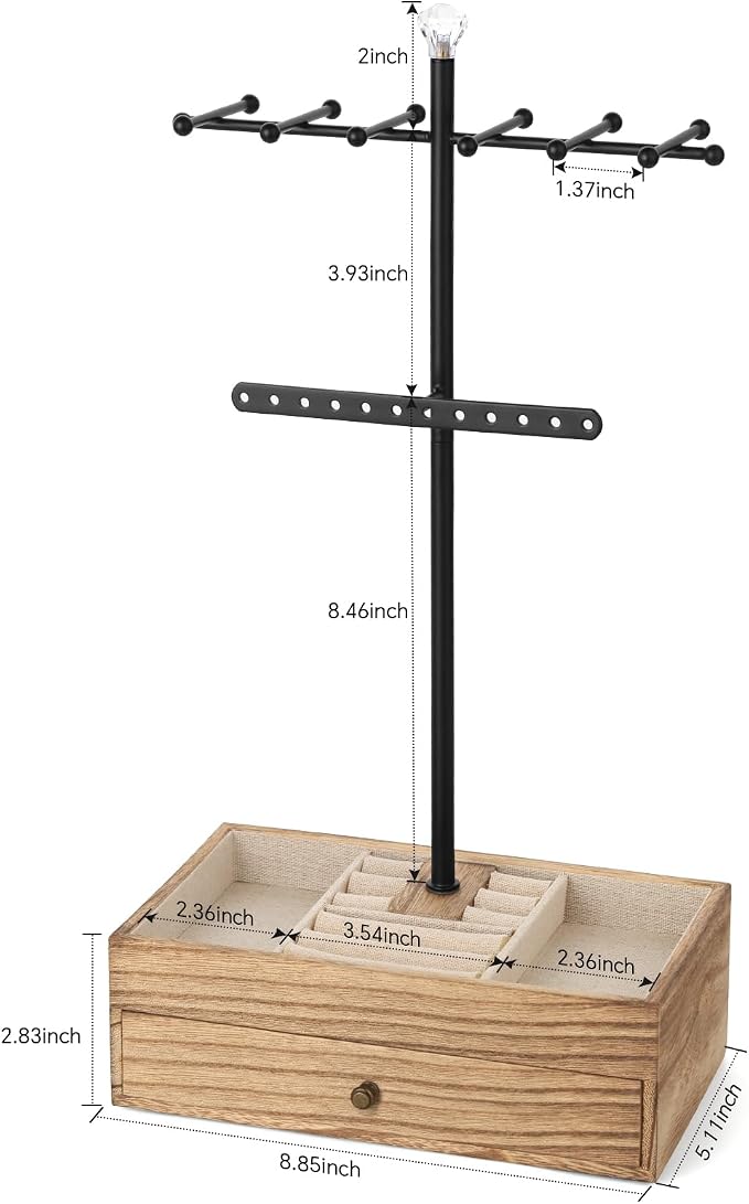 Meangood Jewelry Organizer Stand, 3-Tier Necklace Holder Jewelry Tree with Wooden Storage Drawer Box for Necklace Bracelet Earring Ring, Carbonized Black