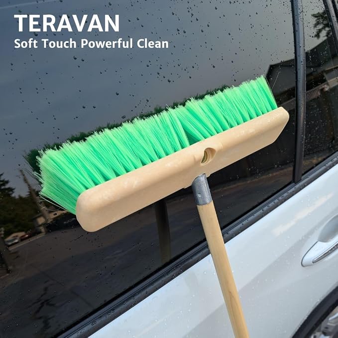 Teravan Green Flow Through Essential Flagged-End Brush Head, 14-Inch | Extra Soft Bristle Brush for Gentle Car Wash, RV, Boat, Window & Floor Cleaning, Compatible with Pole Handle