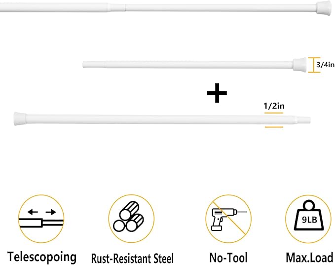 KXLife Tension Curtain Rod Adjustable 28-40 Inch, 2 Pack, White | No Drilling, Expandable Spring Loaded, Renter Friendly, for Window, Doorway, Kitchen