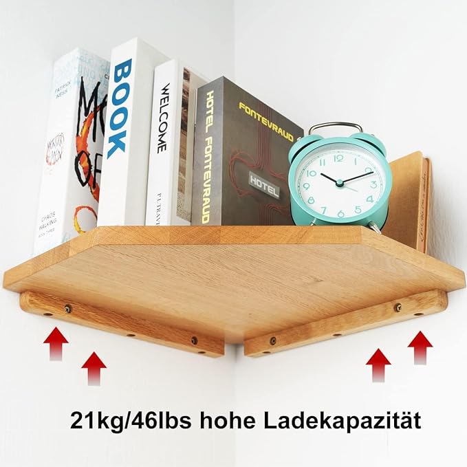 Corner Wall Shelves, Corner Floating Shelves Set of 2 Solid Oak Wood Display Shelf with Wire Hole Small Plant for Kitchen Living Room