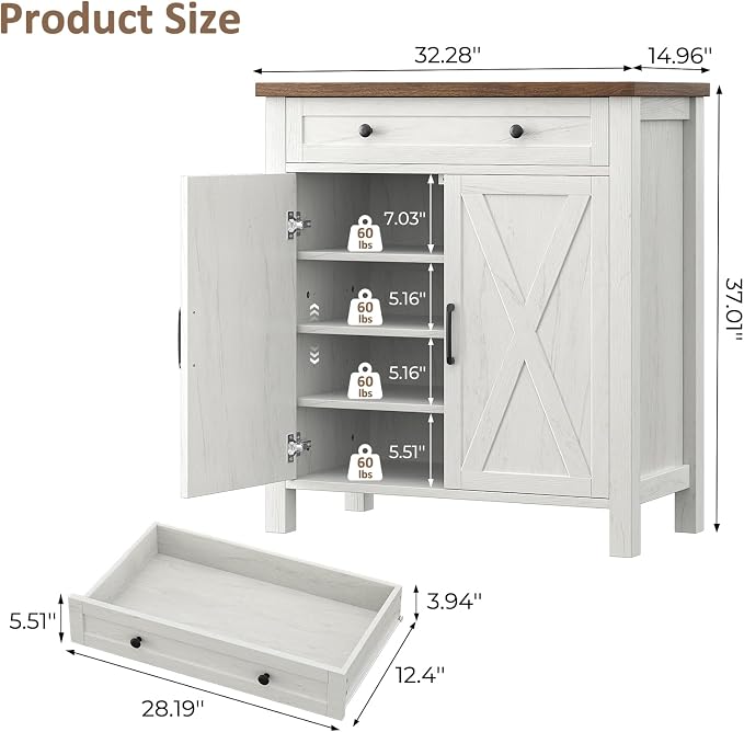 Farmhouse Shoe Storage Cabinet, 5-Tier High Boots Organizer with Adjustable Shelves, Large Drawer & Barn Doors, Entryway Shoe Rack for Hallway Living Room, White