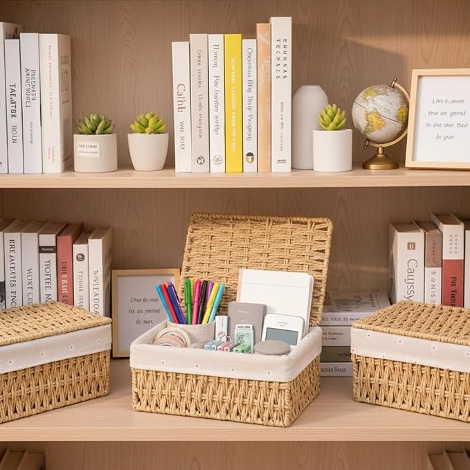 1PC Woven Storage Basket with Lid for Shelf-Khaki Medium | Bathroom, Closet & Shelf Storage Basket, Sewing & Towel Basket, Blanket & Toy Storage, Woven Basket with Liner
