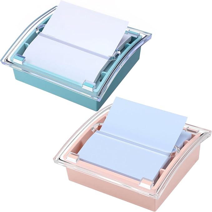 Junkin 2 Pcs Pop up Sticky Note Dispenser 3 x 3 Inch Sticky Note Holder with Transparent Top Colorful Base for School Office Home Store Desk Supplies (Pink and Blue)