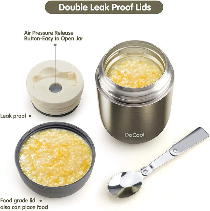 DaCool Food Thermo Insulated Food Jar Lunch Container Vacuum Stainless 16 Ounce Kids Adult Bento Box for Hot Food with Spoon Leak Proof for School Office Picnic Travel Outdoors, BPA free - Gray