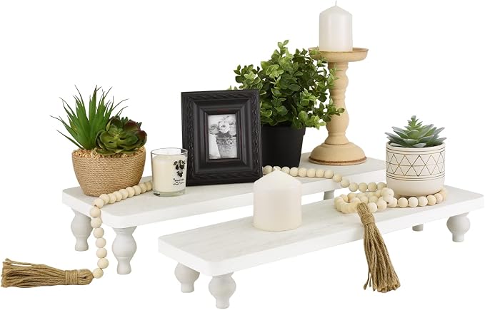 Ikee Design 2 Pcs Set Wooden Display Riser, Cupcake Dessert Display Riser, Countertop Centerpiece Dessert Serving Stand, Artificial Plant Stand for Garden Decor, Wash White Color