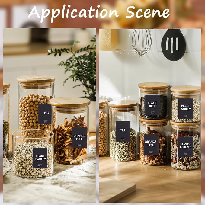 480Pcs 5 Sets 2 x 1.5In Black Spice Jars Labels Stickers Preprinted Waterproof Spice Bottle Stickers Rectangle Oil Resistant Labels for Kitchen Pantry Home Laundry Bathroom Organization