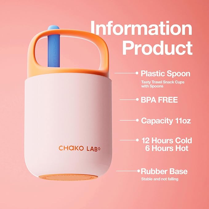 CHAKO LAB Food Jar 15 oz | Stainless Steel Vacuum Insulated for Hot Food and Cold Food | Wide Mouth Leak Proof Lunch Storage for Smoothie Bowl, Soup, Yogurt(Pink and Orange)